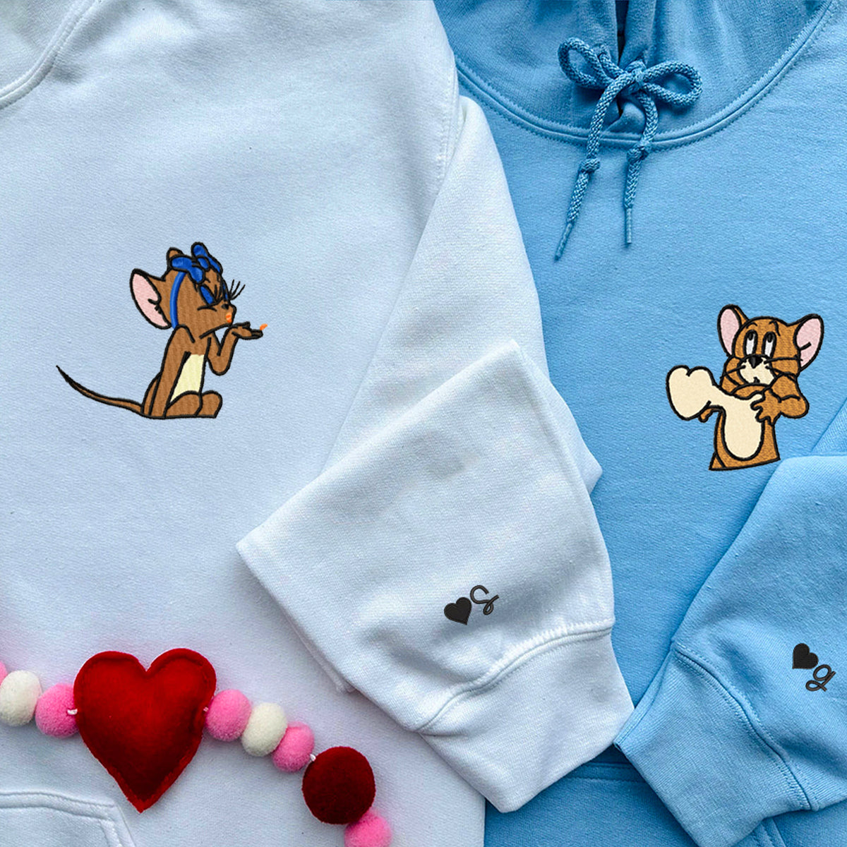 Custom Embroidered Hoodies for Couples, Cute Mouse Couples Embroidered Hoodies