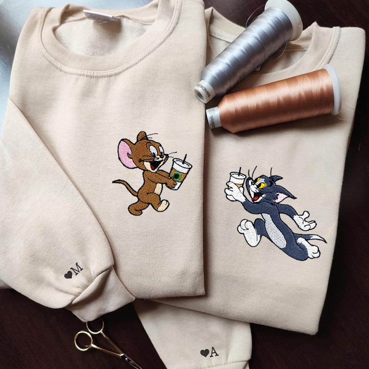 Custom Embroidered Hoodies for Couples, Cute Mouse and Cat Couples Embroidered Hoodie