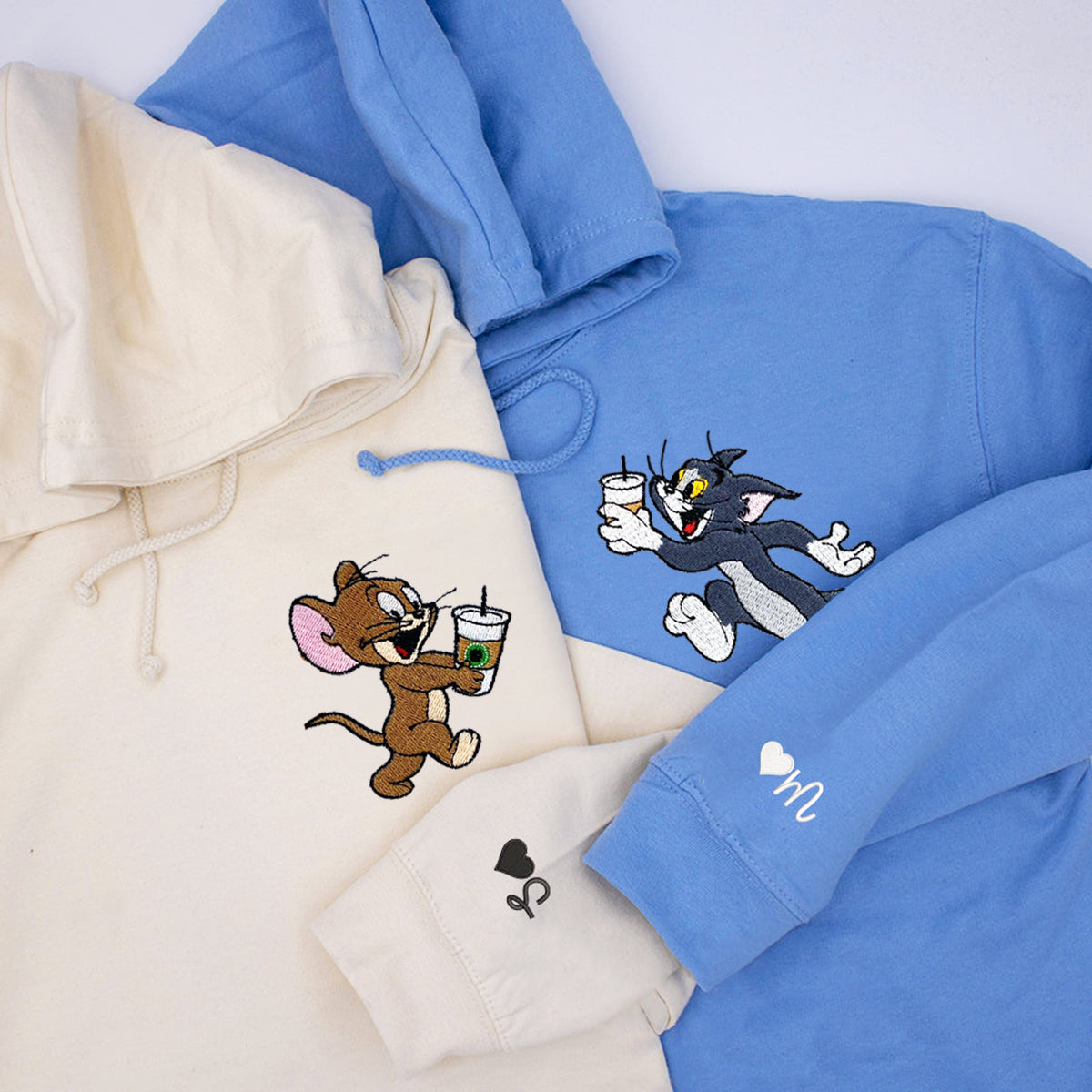 Custom Embroidered Hoodies for Couples, Cute Mouse and Cat Couples Embroidered Hoodie