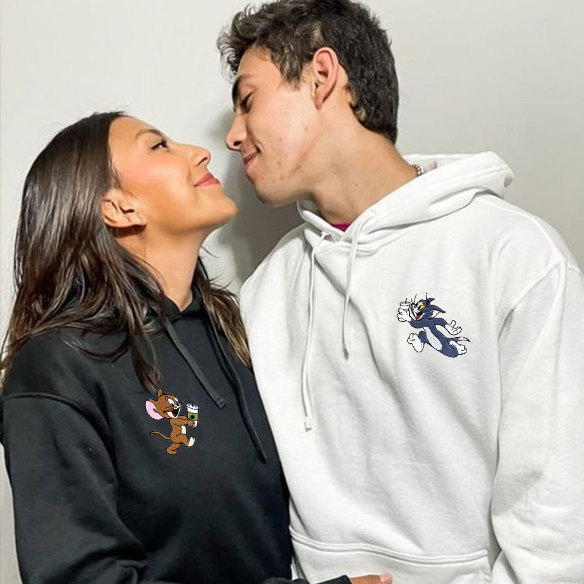 Custom Embroidered Hoodies for Couples, Cute Mouse and Cat Couples Embroidered Hoodie