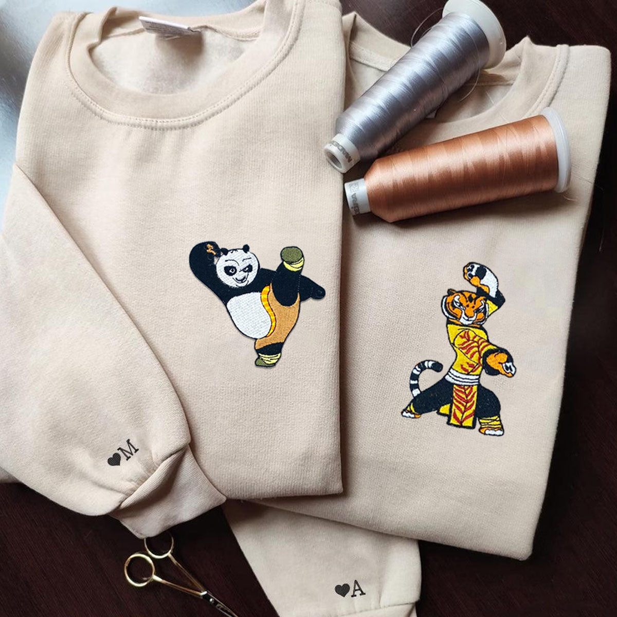 Custom Embroidered Hoodies for Couples, Cute Panda & Tiger Character Couples Embroidered Hoodie