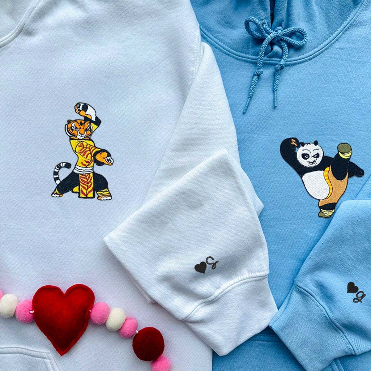Custom Embroidered Hoodies for Couples, Cute Panda Tiger Character C