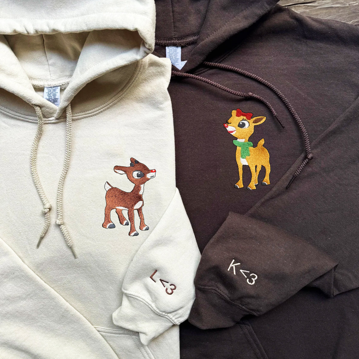 Custom Embroidered Hoodies for Couples, Cute Rudolph Christmas Couples Embroidered Hoodie