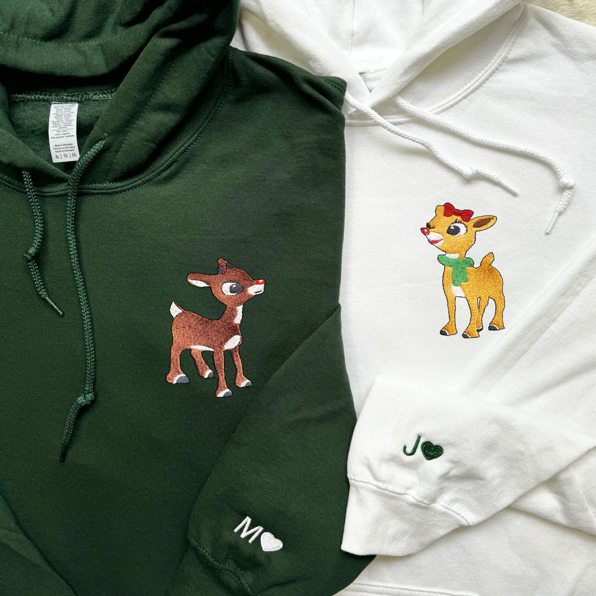 Custom Embroidered Hoodies for Couples, Cute Rudolph Christmas Couples Embroidered Hoodie