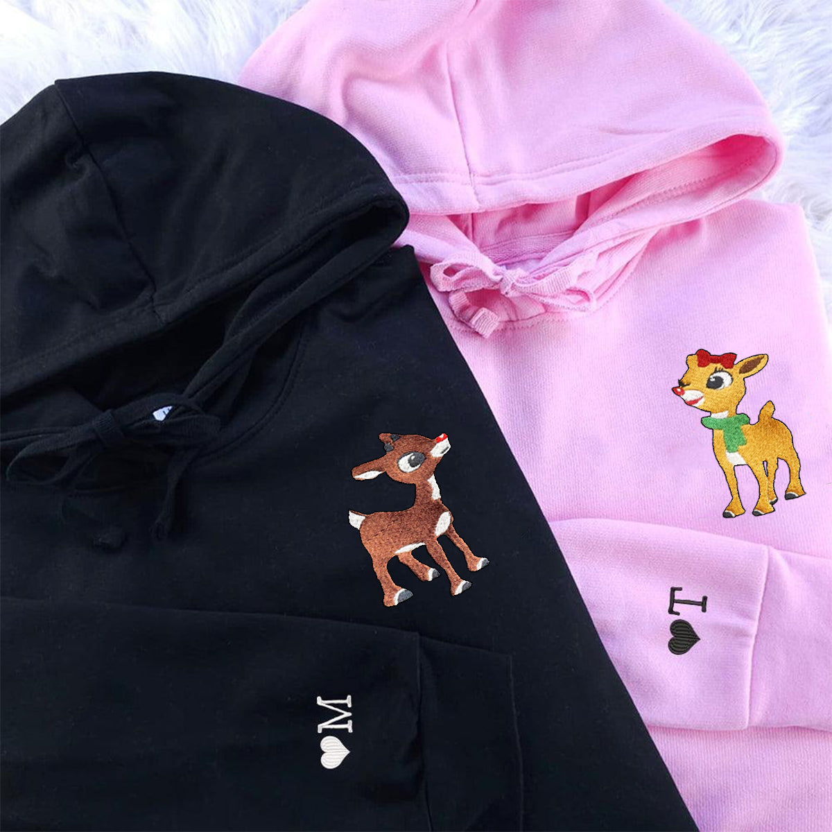 Custom Embroidered Hoodies for Couples, Cute Rudolph Christmas Couples Embroidered Hoodie