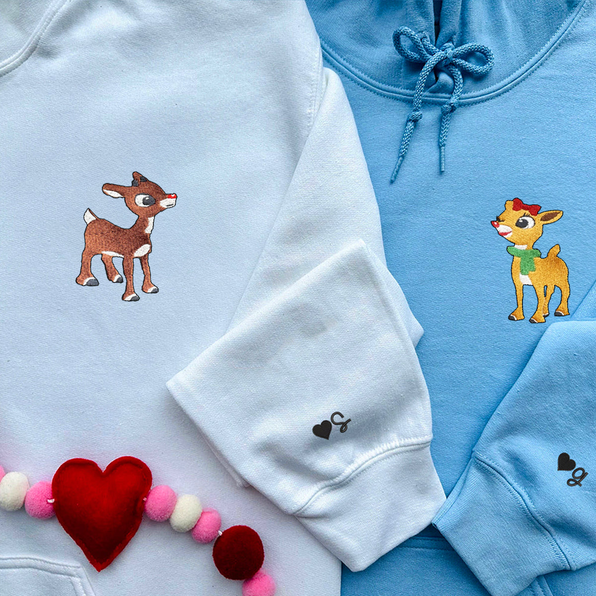 Custom Embroidered Hoodies for Couples, Cute Rudolph Christmas Couples Embroidered Hoodie