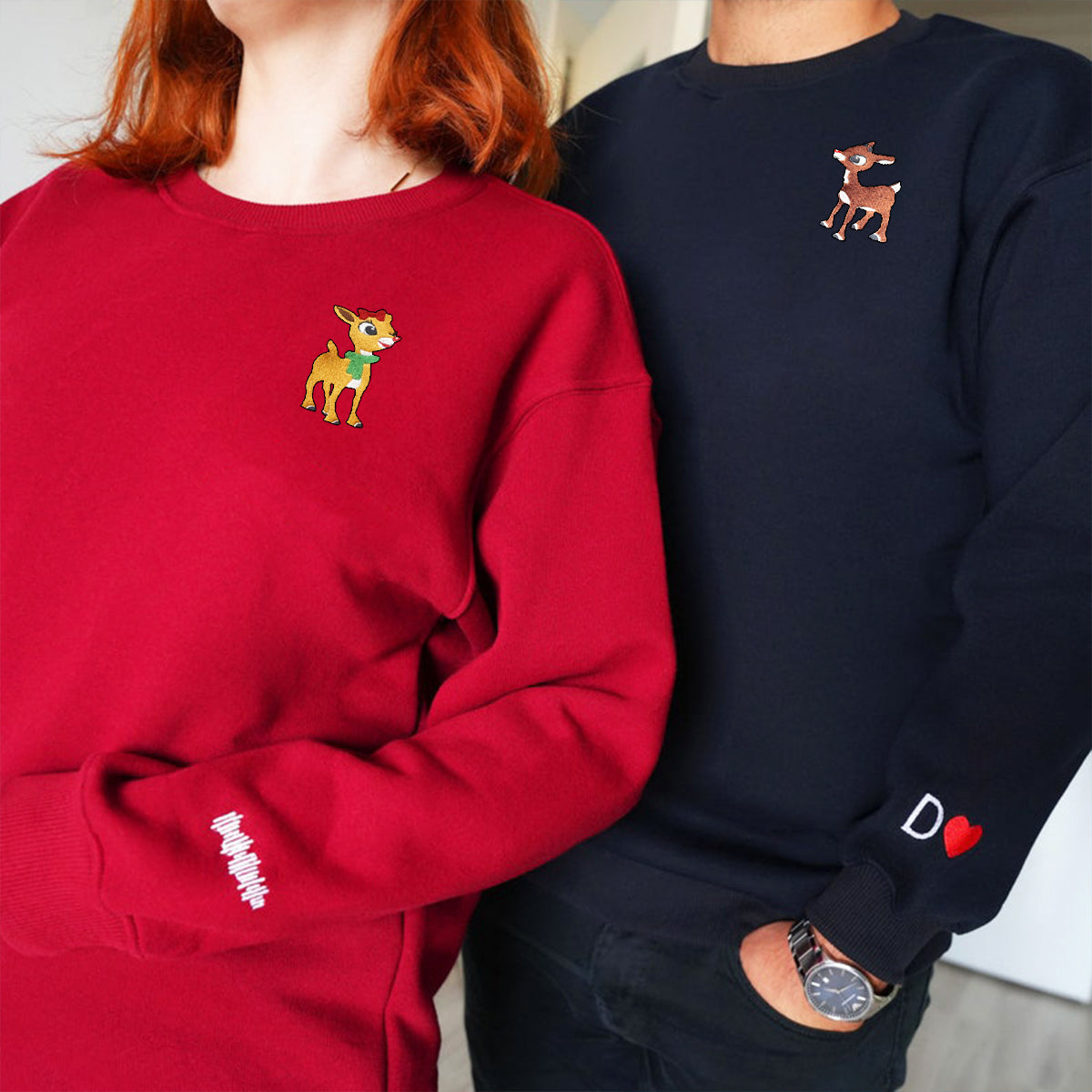 Custom Embroidered Hoodies for Couples, Cute Rudolph Christmas Couples Embroidered Hoodie