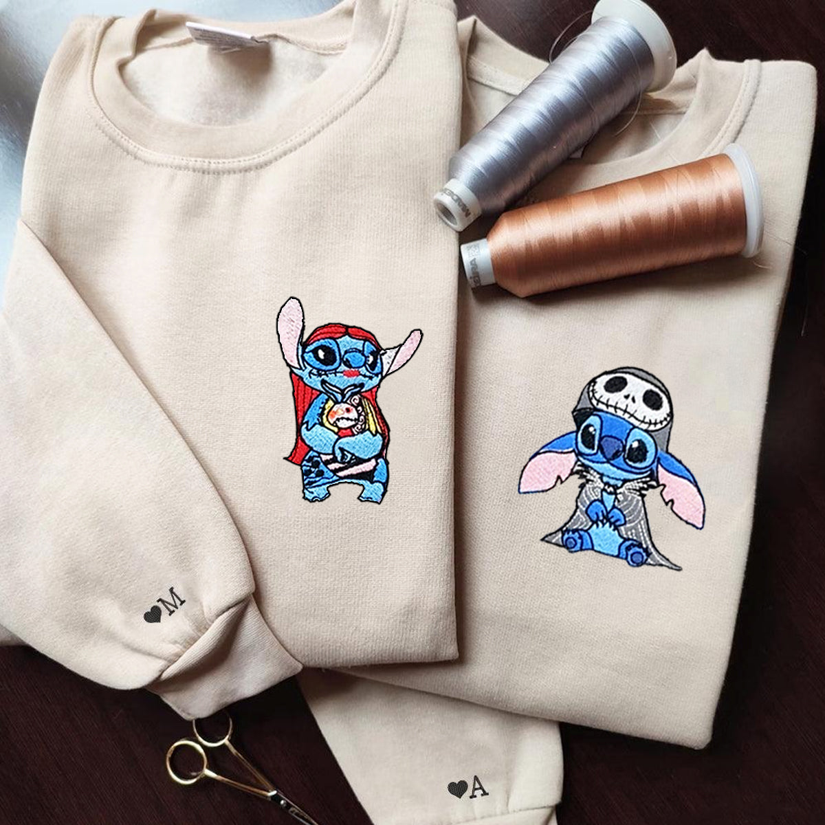 Custom Embroidered Hoodies for Couples, Cute Stitch Halloween Couples Embroidered Hoodie