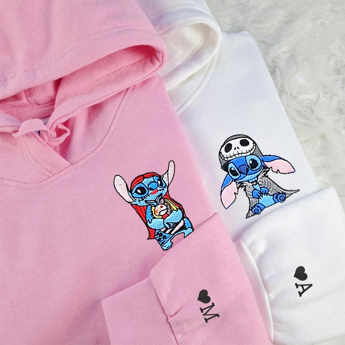 Custom Embroidered Hoodies for Couples, Cute Stitch Halloween Couples Embroidered Hoodie