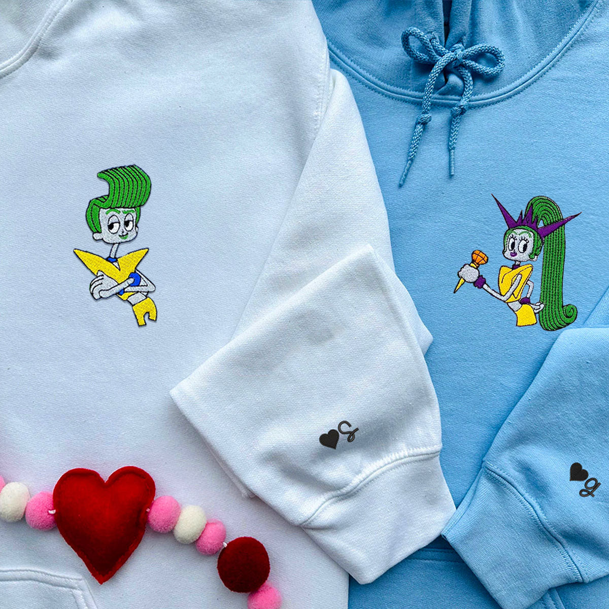 Custom Embroidered Hoodies for Couples, Cute Velvet & Veneer Couples Embroidered Hoodie