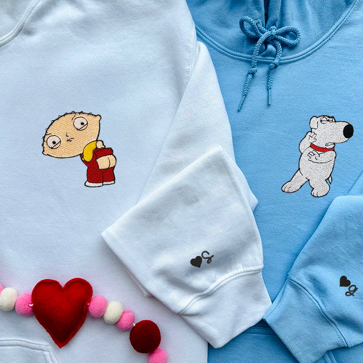 Custom Embroidered Hoodies for Couples, Funny Cartoon Characters Couples Embroidered Hoodie