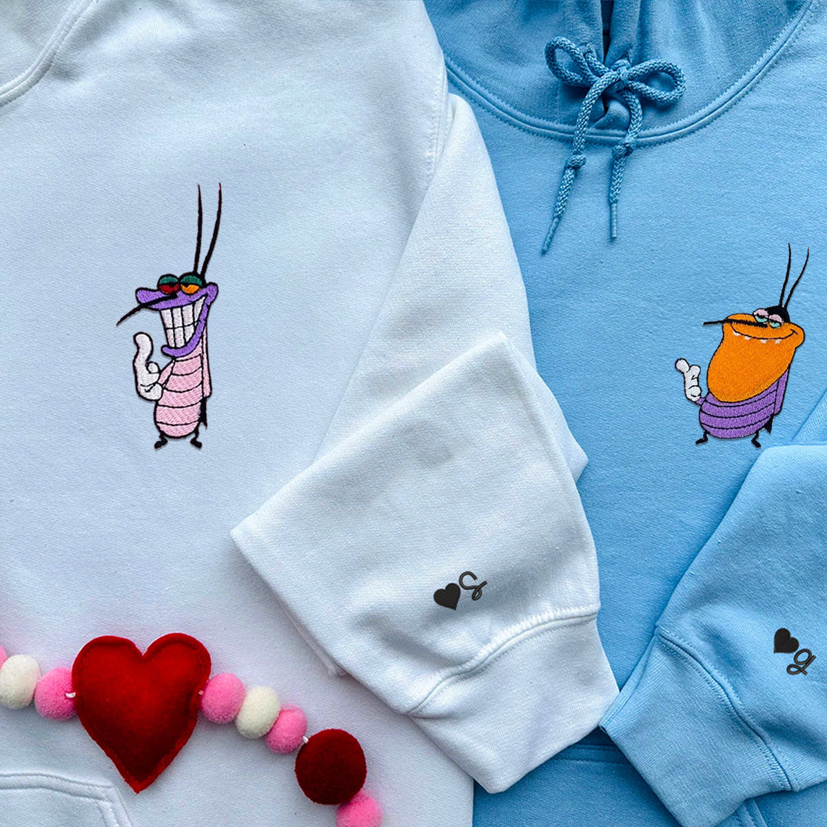 Custom Embroidered Hoodies for Couples, Funny Cockroaches Couples Embroidered Hoodie