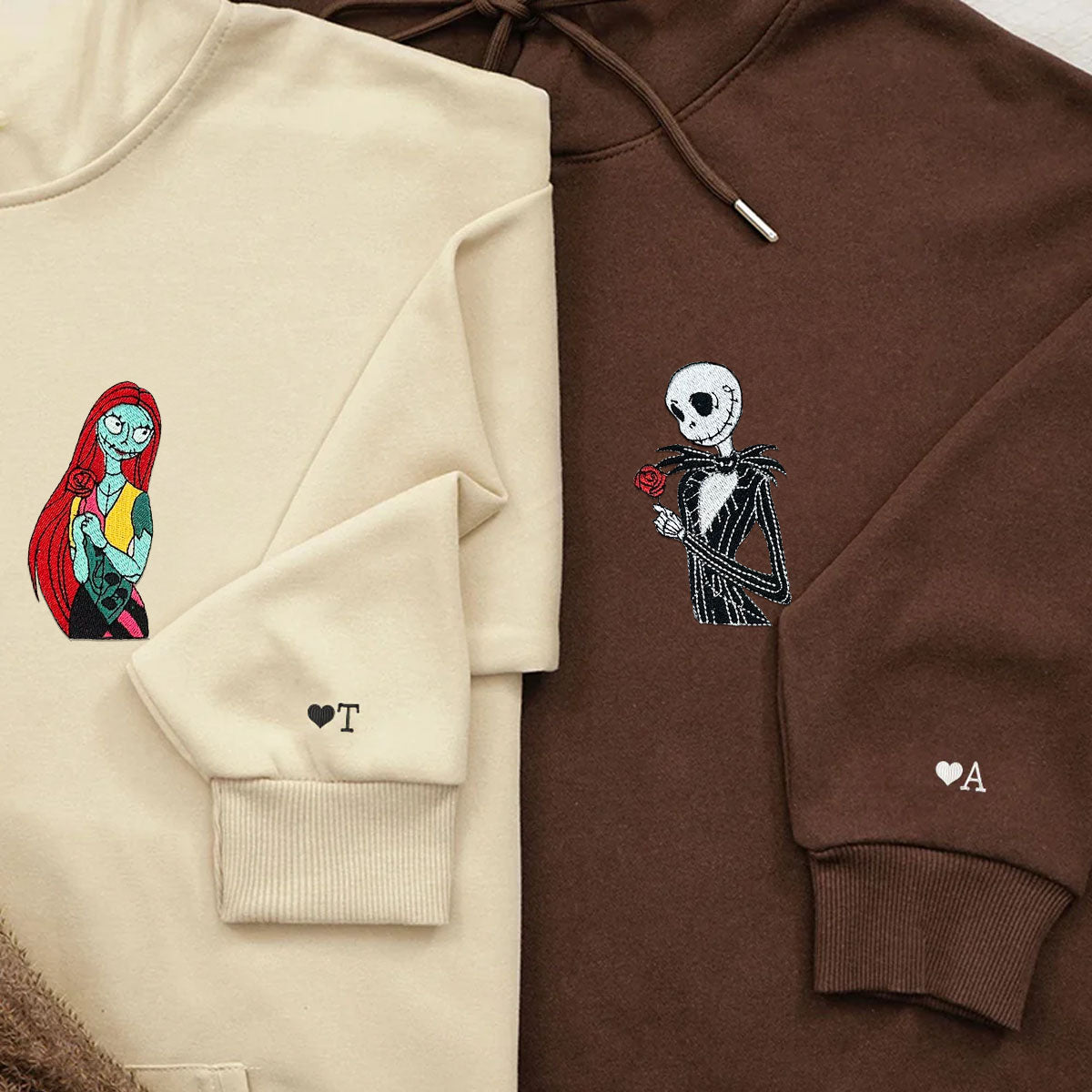 Custom Embroidered Hoodies for Couples, Gothic Halloween Skeleton Couples Embroidered Hoodie