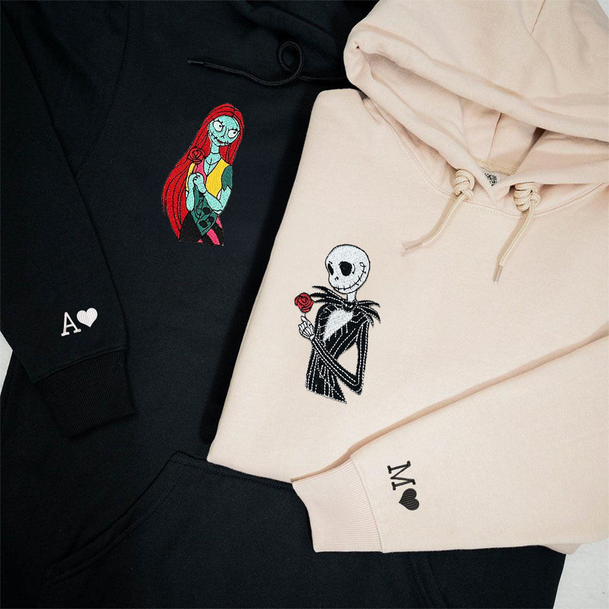 Custom Embroidered Hoodies for Couples, Gothic Halloween Skeleton Couples Embroidered Hoodie
