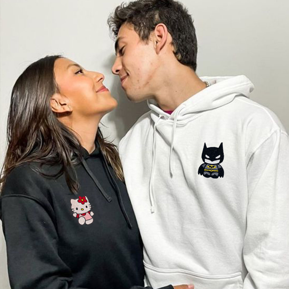 Custom Embroidered Hoodies for Couples, Lovely Bat and Kitten Couples Embroidered Hoodie