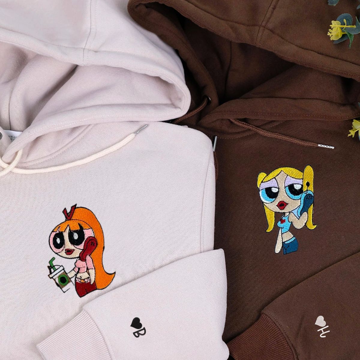 Custom Embroidered Hoodies for Couples, Pretty Cartoon Characters Couples Embroidered Hoodie