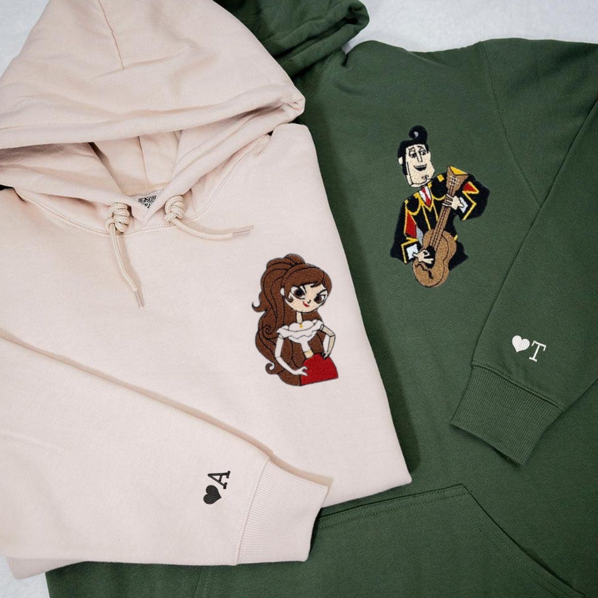 Custom Embroidered Hoodies for Couples, Lovely Cartoon Characters Couples Embroidered Hoodie