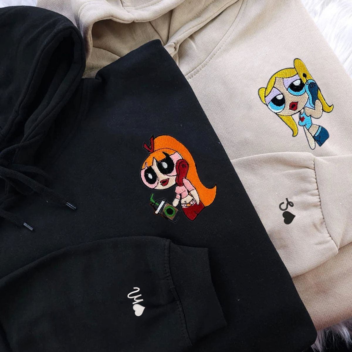 Custom Embroidered Hoodies for Couples, Pretty Cartoon Characters Couples Embroidered Hoodie