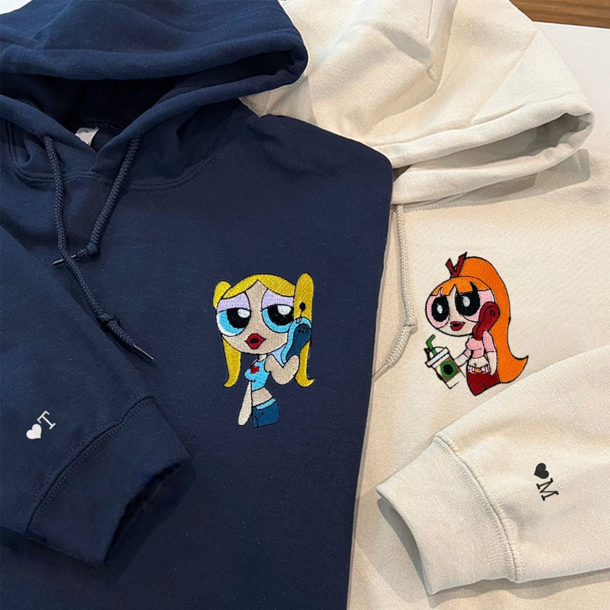 Custom Embroidered Hoodies for Couples, Pretty Cartoon Characters Couples Embroidered Hoodie