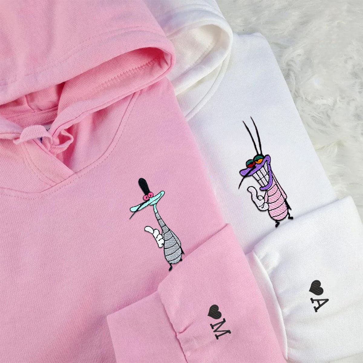 Custom Embroidered Hoodies for Couples, Lovely Cockroaches Characters Couples Embroidered Hoodie