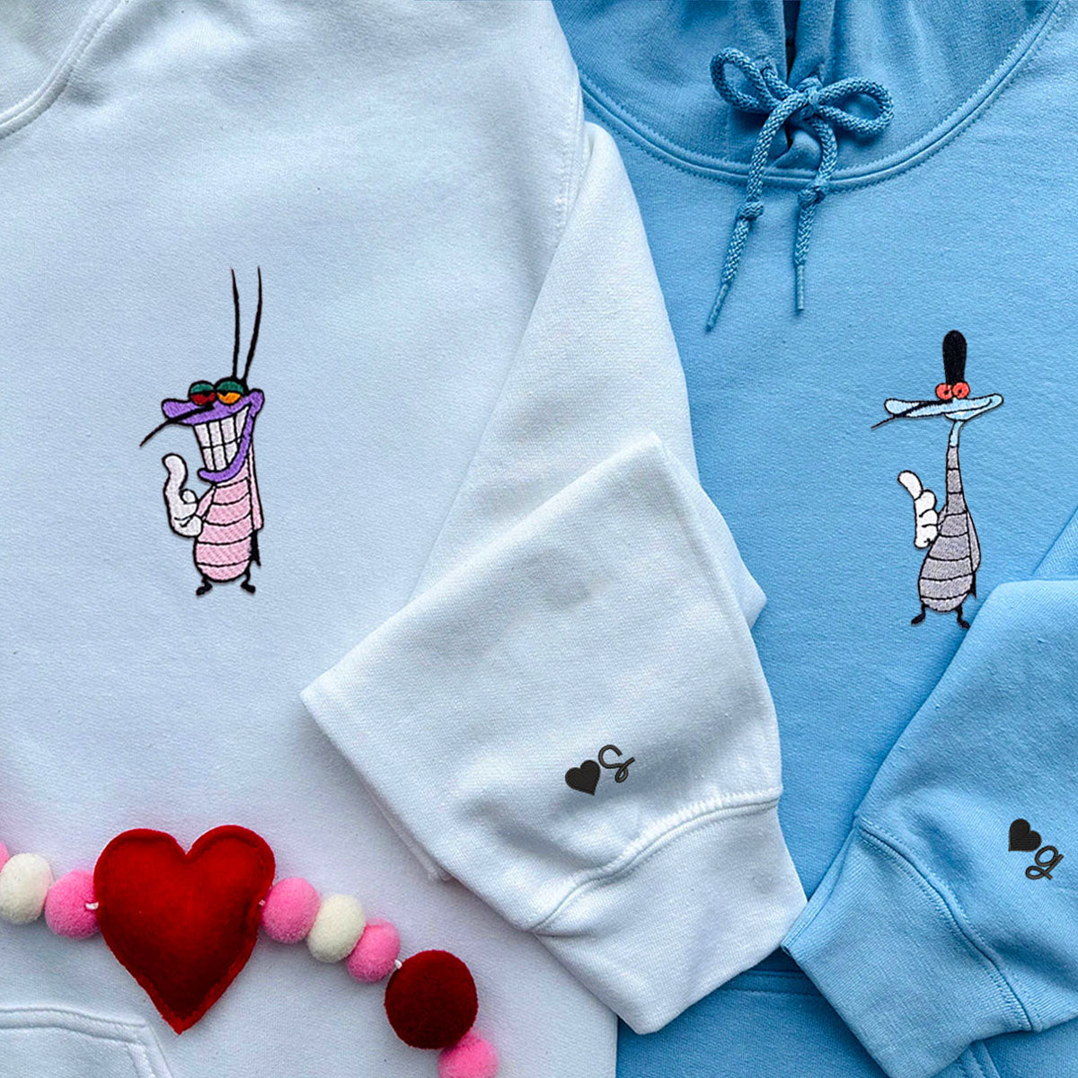 Custom Embroidered Hoodies for Couples, Lovely Cockroaches Characters Couples Embroidered Hoodie