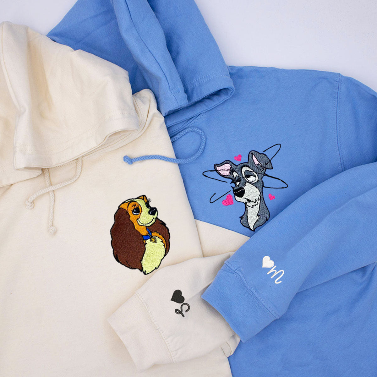 Custom Embroidered Hoodies for Couples, Lovely Dog Characters Couples Embroidered Hoodie