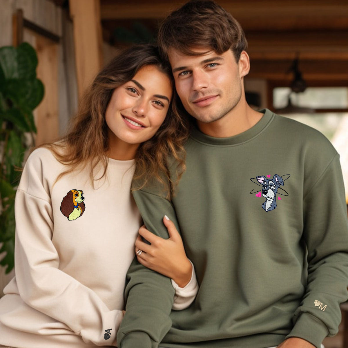 Custom Embroidered Hoodies for Couples, Lovely Dog Characters Couples Embroidered Hoodie