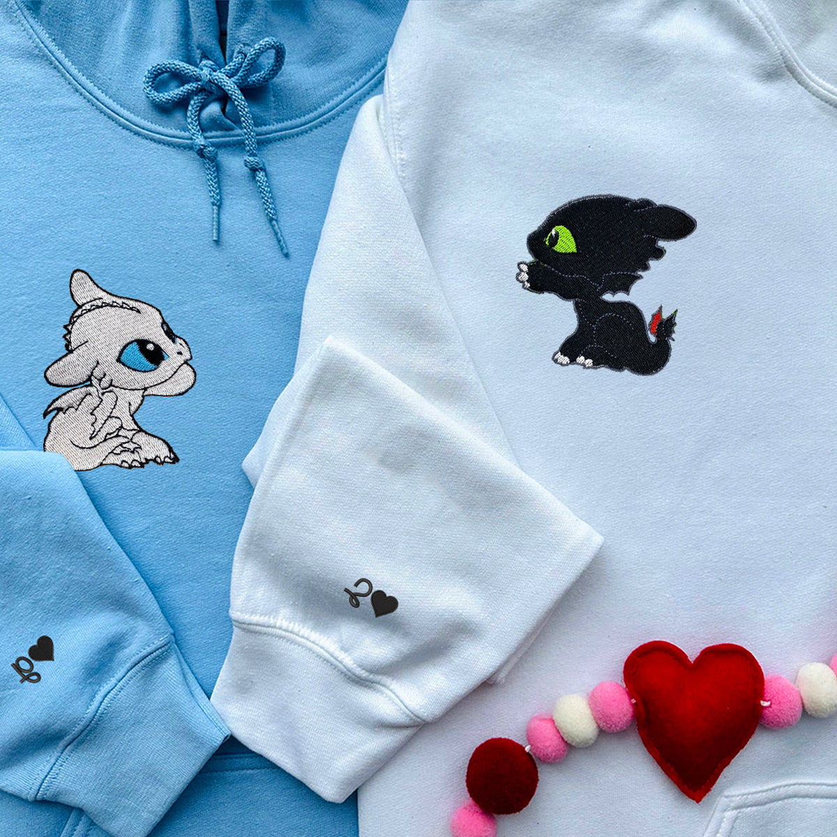 Custom Embroidered Hoodies for Couples, Lovely Dragon's Couples Embroidered Hoodie