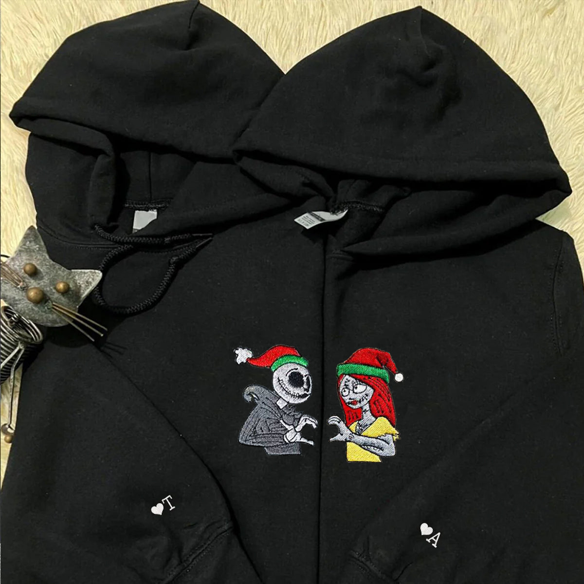 Custom Embroidered Hoodies for Couples, Lovely Jack and Sally Couples Embroidered Hoodie