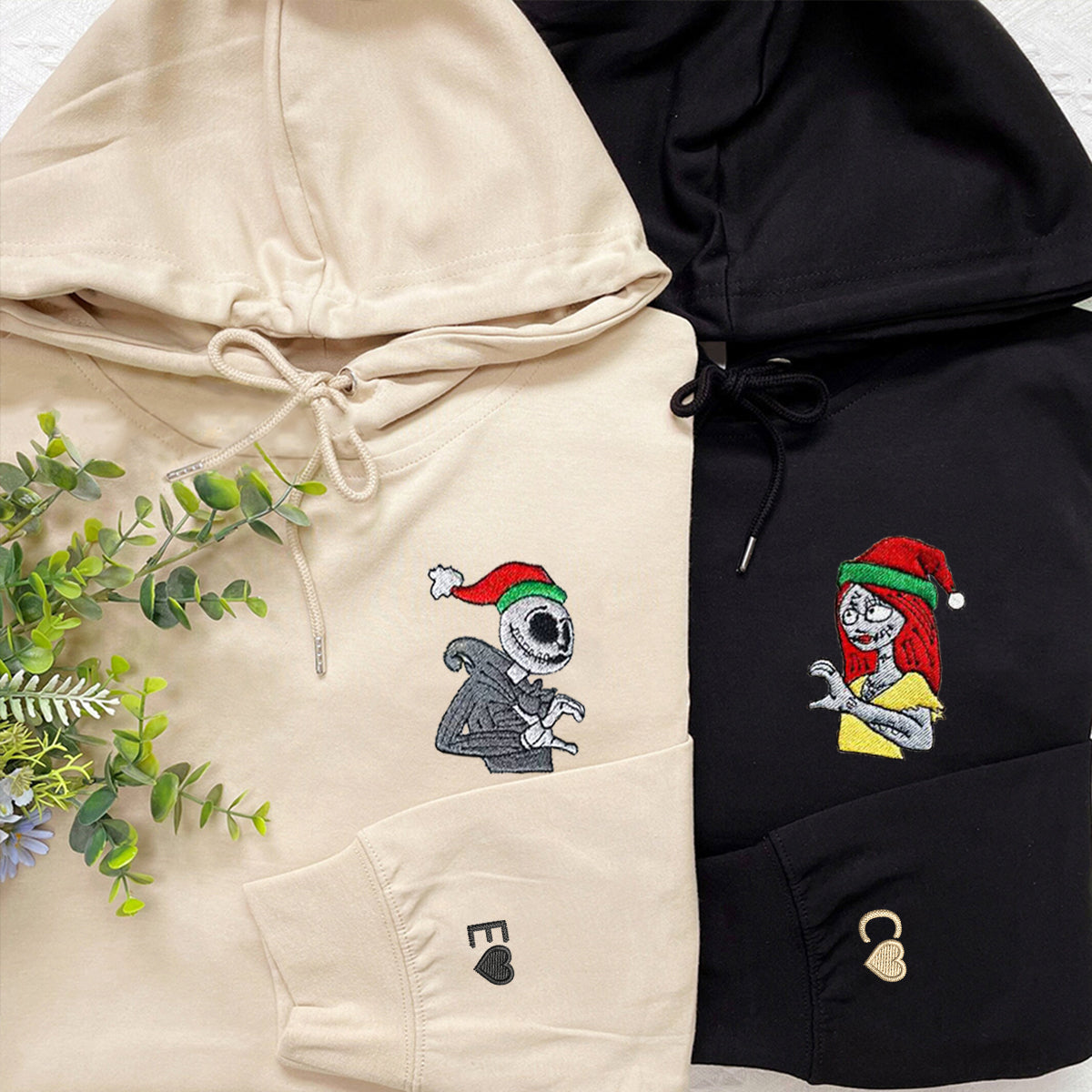 Custom Embroidered Hoodies for Couples, Lovely Jack and Sally Couples Embroidered Hoodie