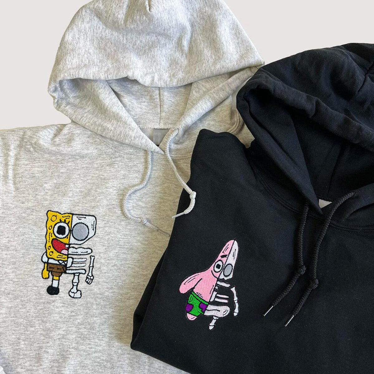 Custom Embroidered Hoodies for Couples, Lovely Sponge Cartoon Characters Halloween Couples Embroidered Hoodie