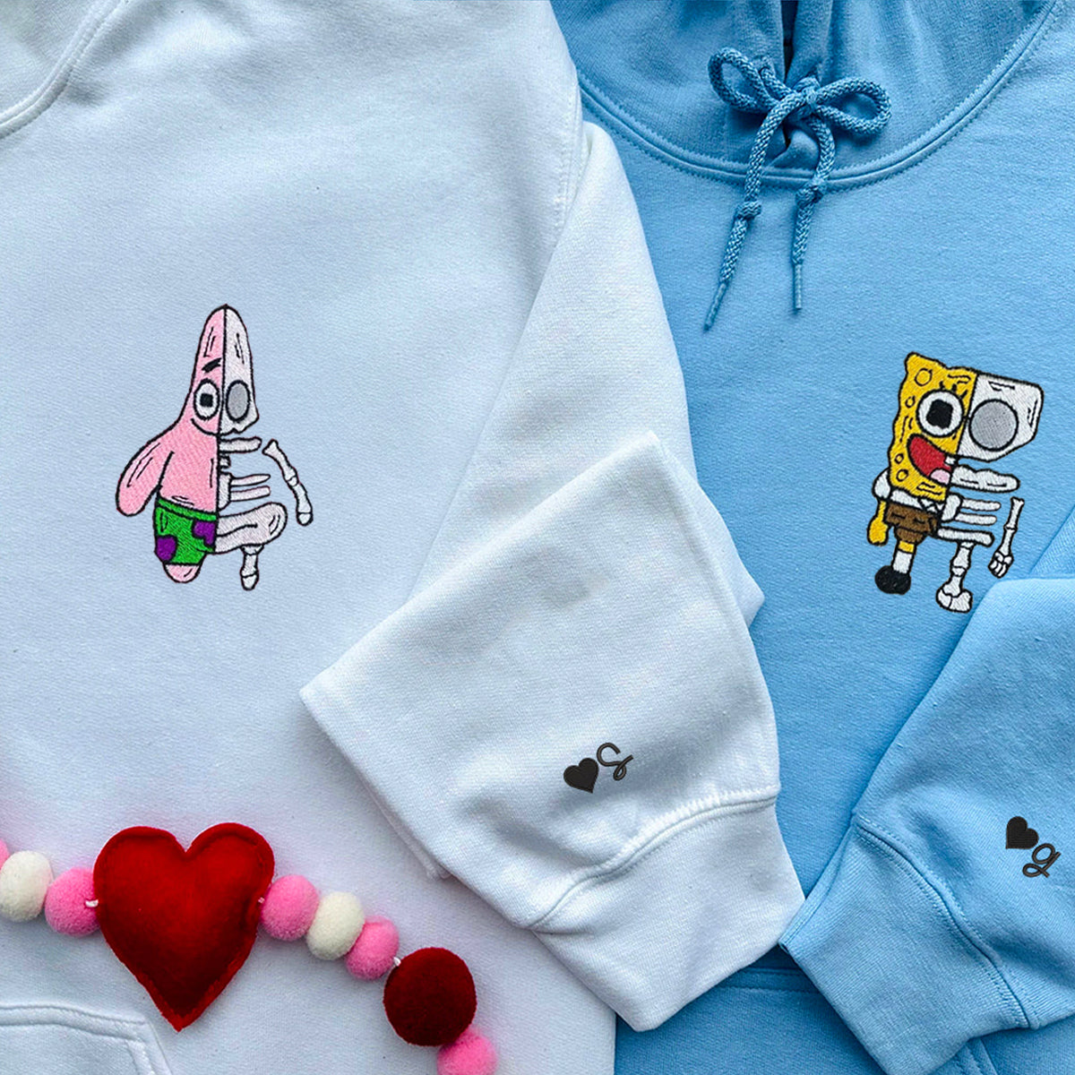 Custom Embroidered Hoodies for Couples, Lovely Sponge Cartoon Characters Halloween Couples Embroidered Hoodie