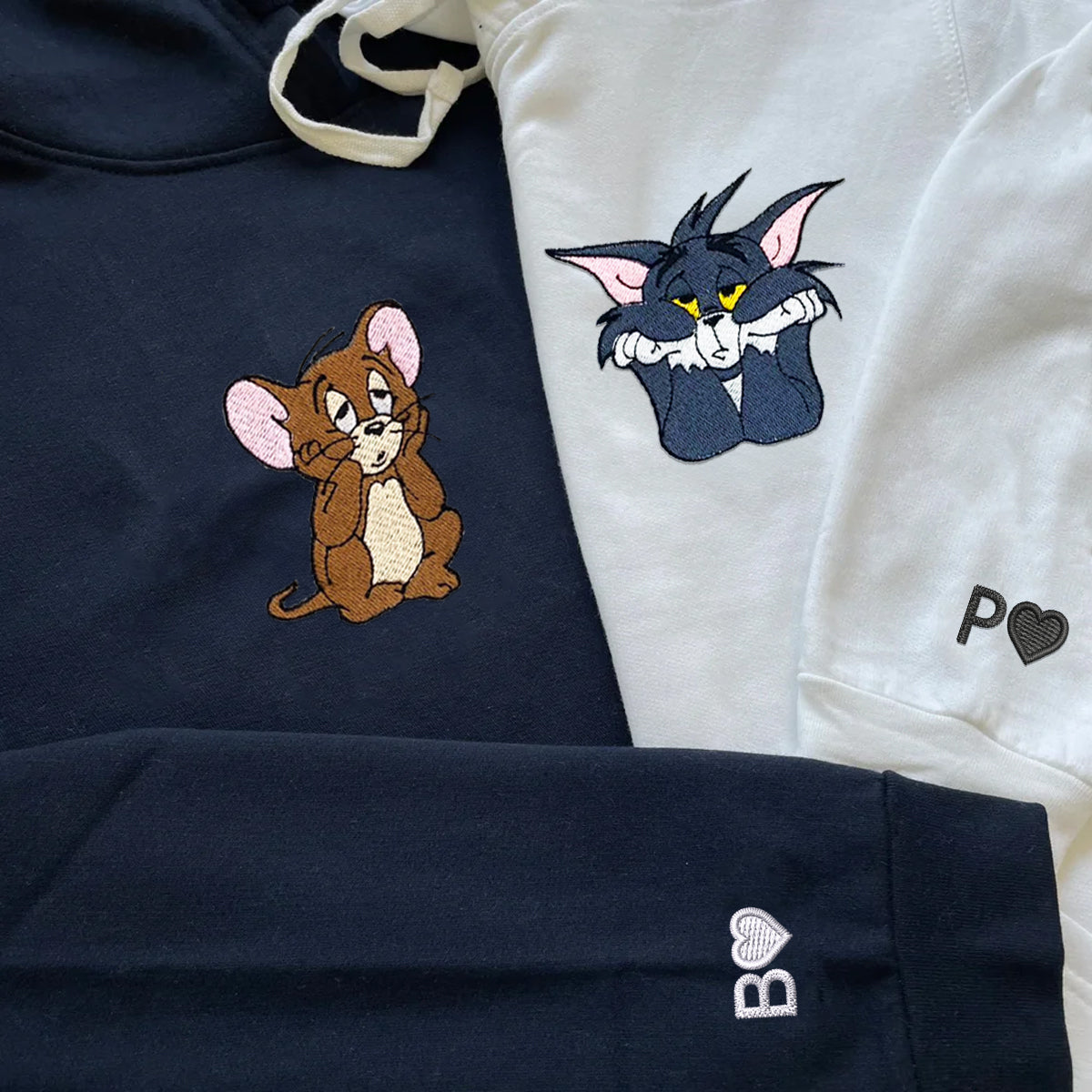 Custom Embroidered Hoodies for Couples, Sad Mouse & Cat Couples Embroidered Hoodie