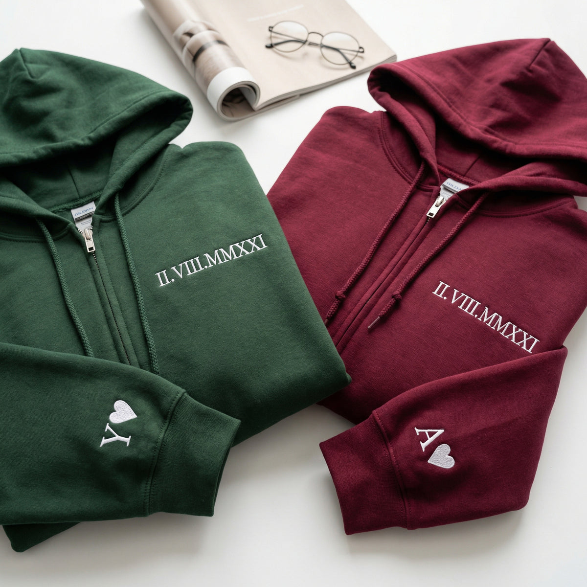 Custom Anniversary Date Roman Numeral Matching Couple Quarter Zip Sweatshirt & Full-Zip Hoodie