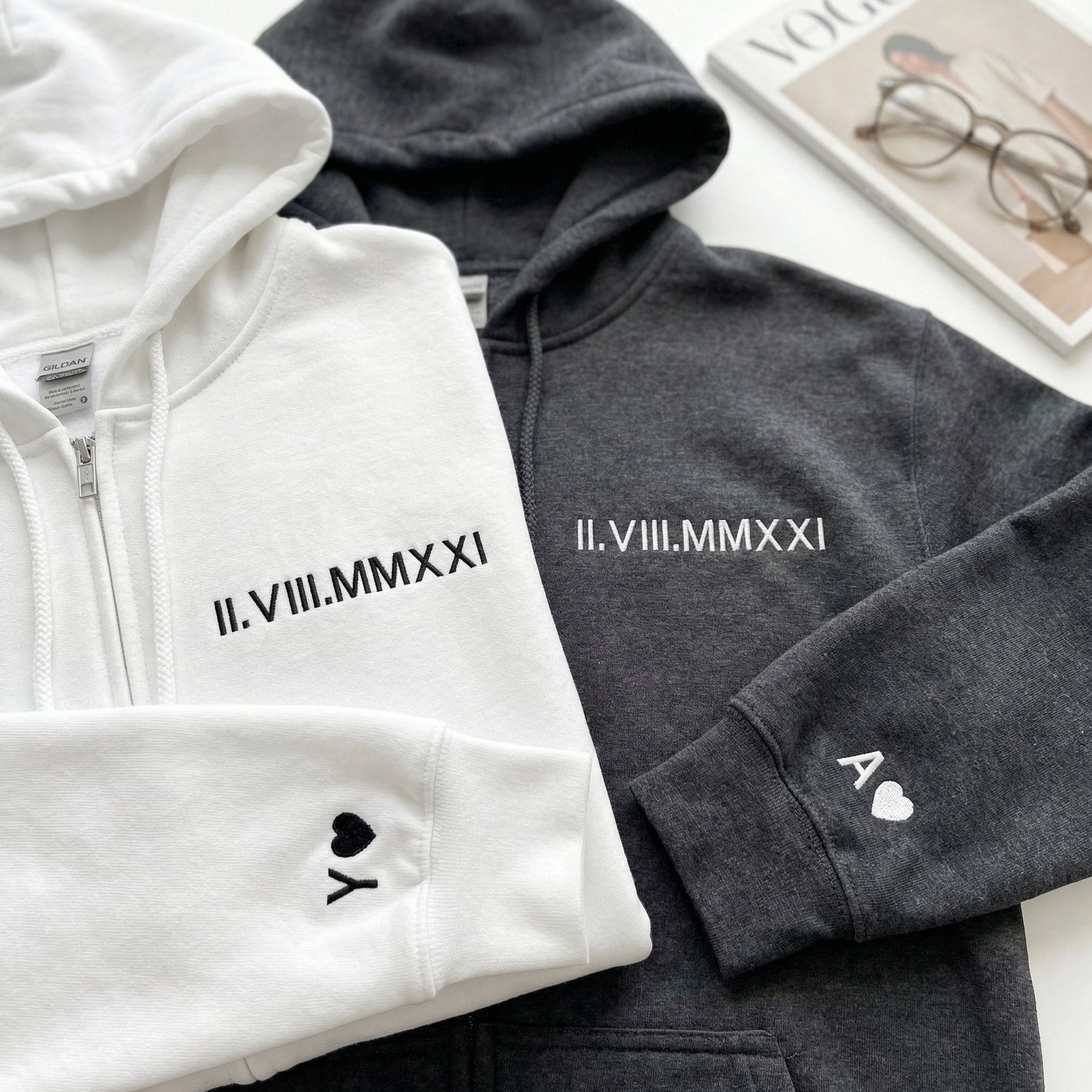 Custom Anniversary Date Roman Numeral Matching Couple Quarter Zip Sweatshirt & Full-Zip Hoodie