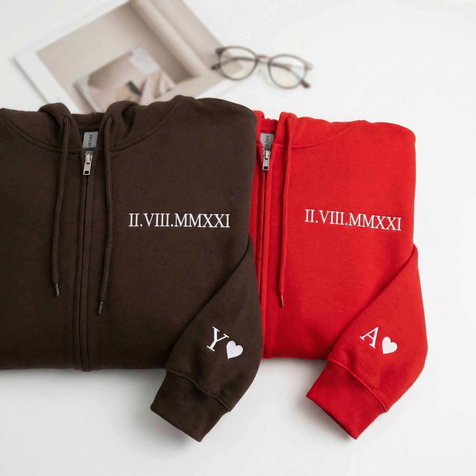 Custom Anniversary Date Roman Numeral Matching Couple Quarter Zip Sweatshirt & Full-Zip Hoodie