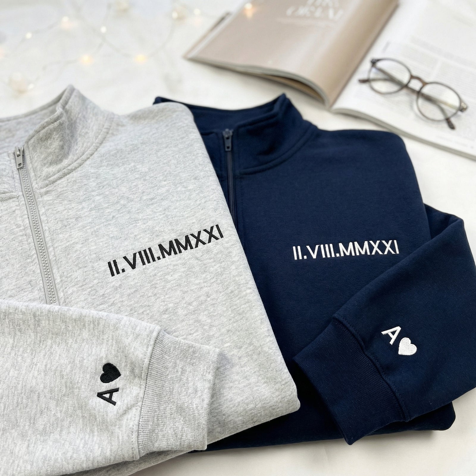 Custom Anniversary Date Roman Numeral Matching Couple Quarter Zip Sweatshirt & Full-Zip Hoodie