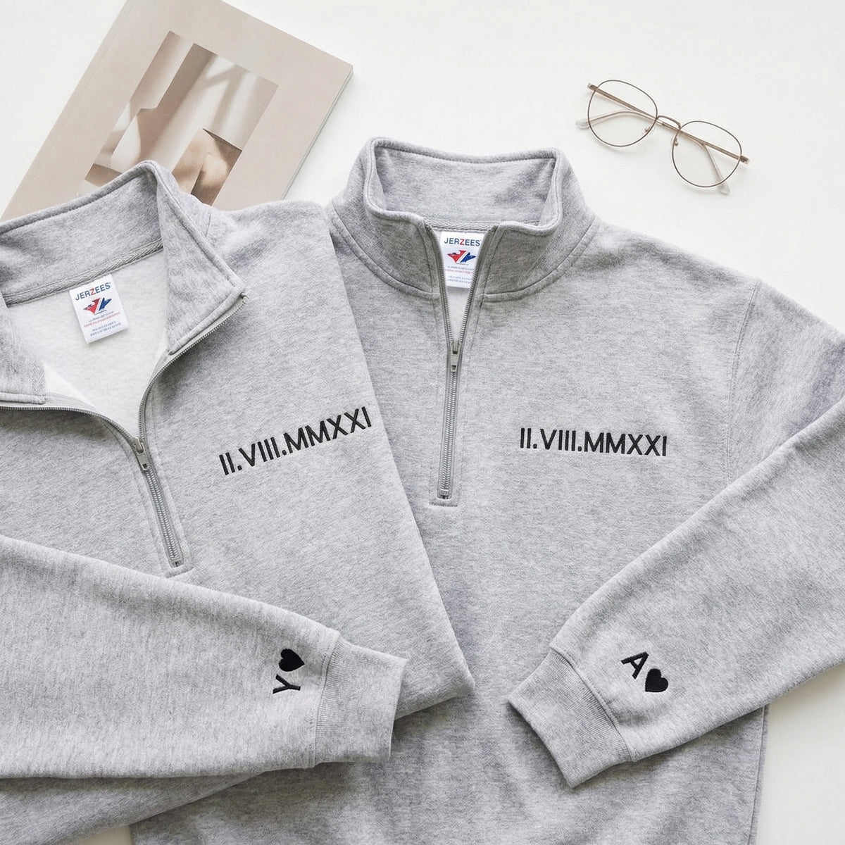Custom Anniversary Date Roman Numeral Matching Couple Quarter Zip Sweatshirt & Full-Zip Hoodie