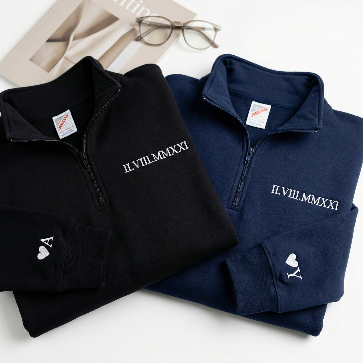 Custom Anniversary Date Roman Numeral Matching Couple Quarter Zip Sweatshirt & Full-Zip Hoodie