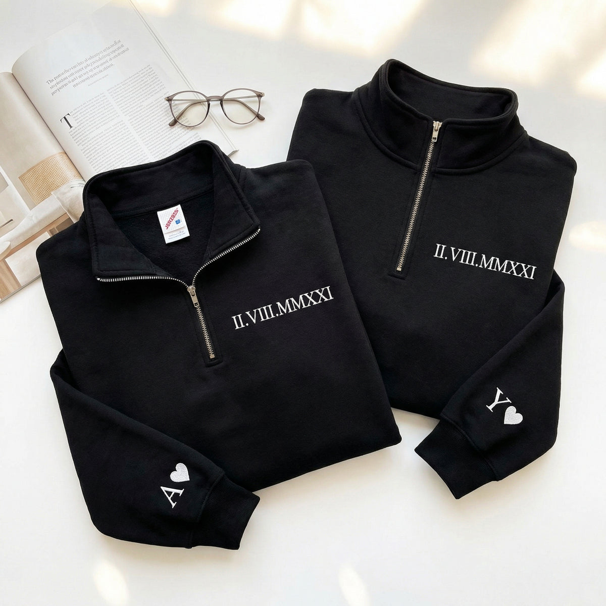 Custom Anniversary Date Roman Numeral Matching Couple Quarter Zip Sweatshirt &amp; Full-Zip Hoodie