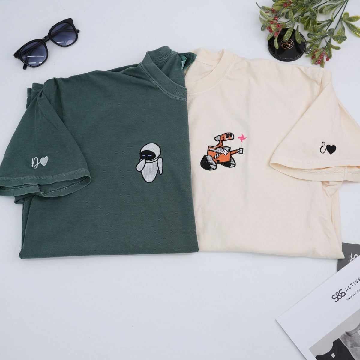 Custom Cartoon Robot Love Story Embroidered Couple T-shirts