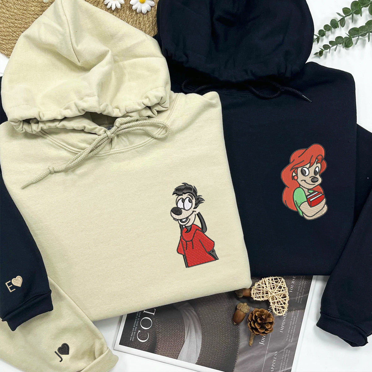 Custom Couple Embroidered Hoodie, Cute Cartoon Canine Love Hoodie, Unique Matching Outfit