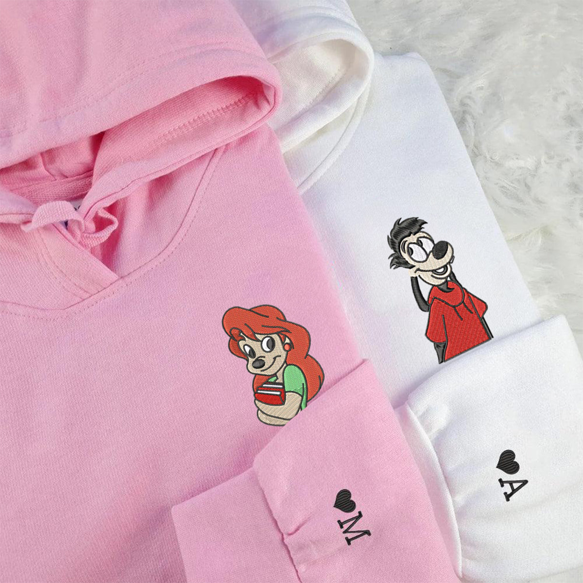 Custom Couple Embroidered Hoodie, Cute Cartoon Canine Love Hoodie, Unique Matching Outfit
