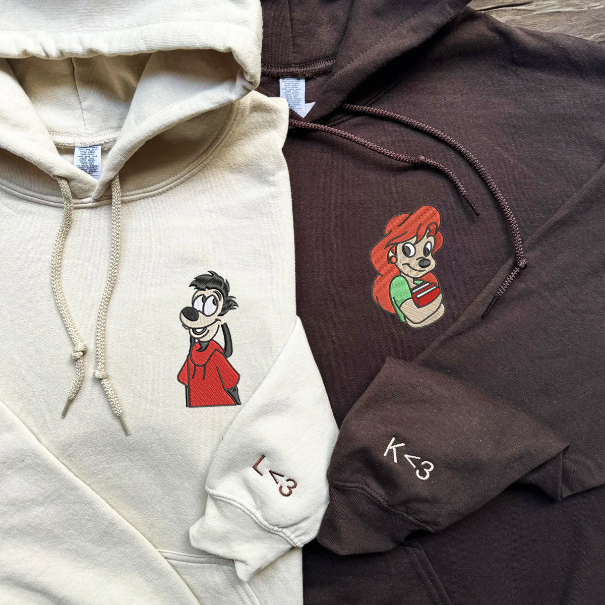 Custom Couple Embroidered Hoodie, Cute Cartoon Canine Love Hoodie, Unique Matching Outfit