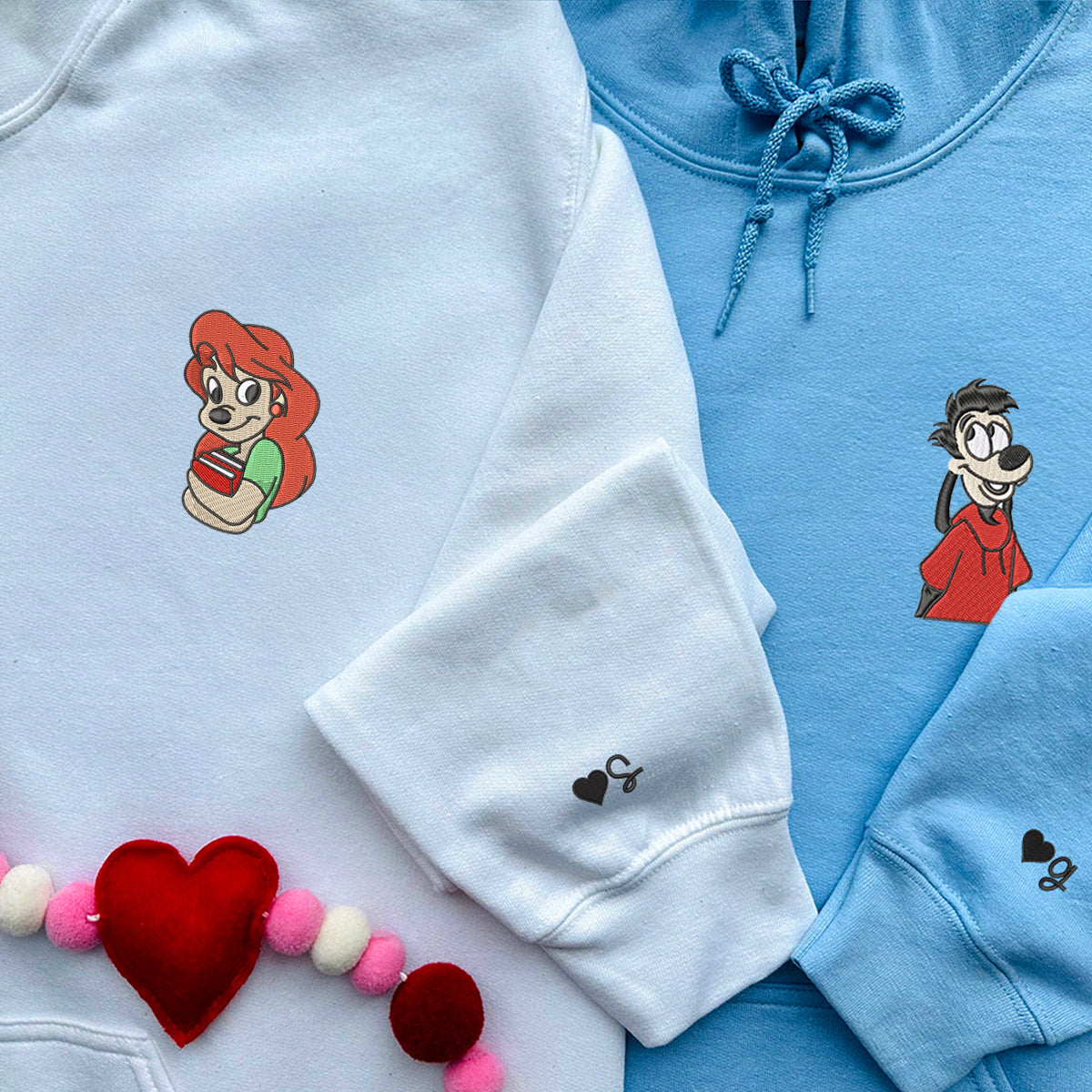Custom Couple Embroidered Hoodie, Cute Cartoon Canine Love Hoodie, Unique Matching Outfit