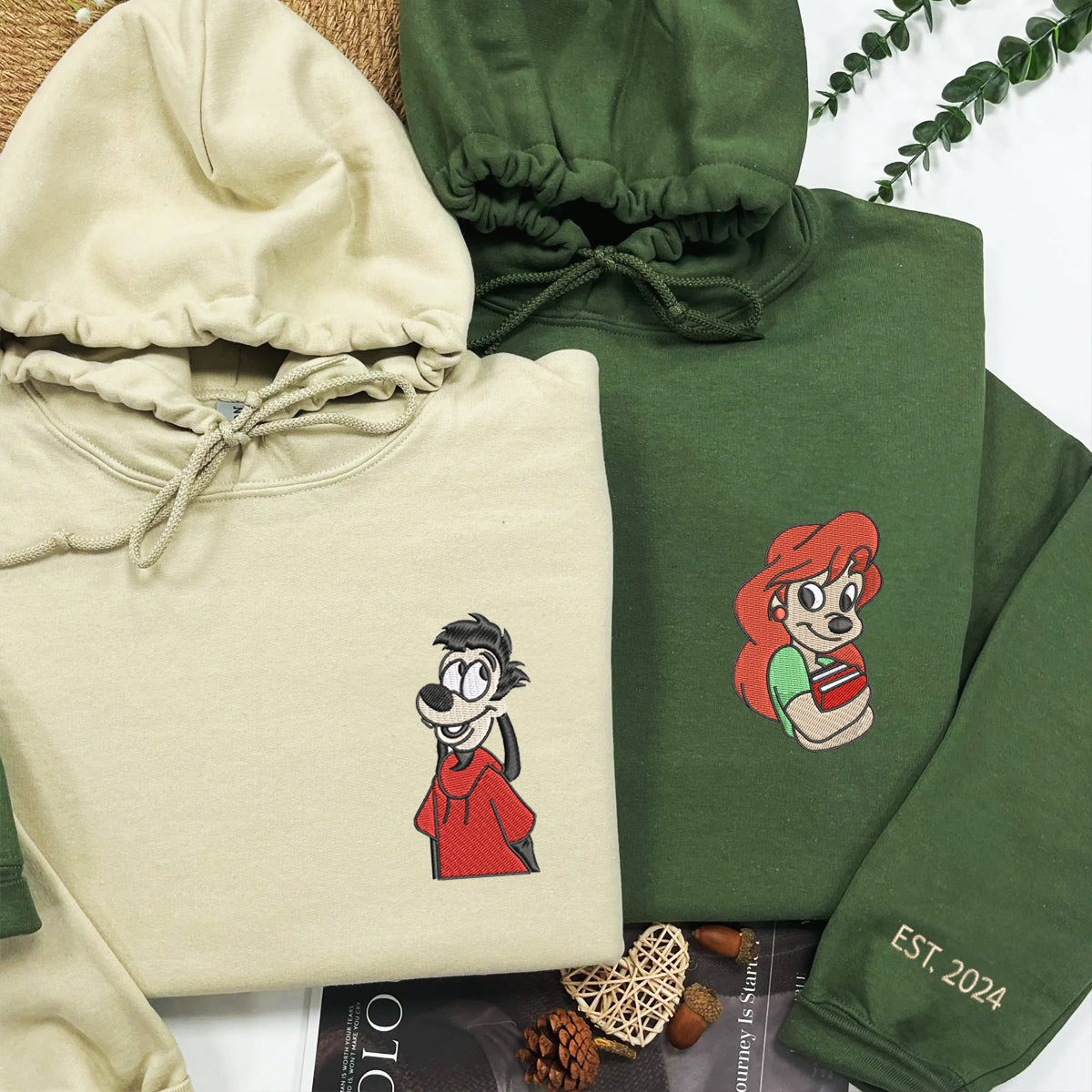 Custom Couple Embroidered Hoodie, Cute Cartoon Canine Love Hoodie, Unique Matching Outfit