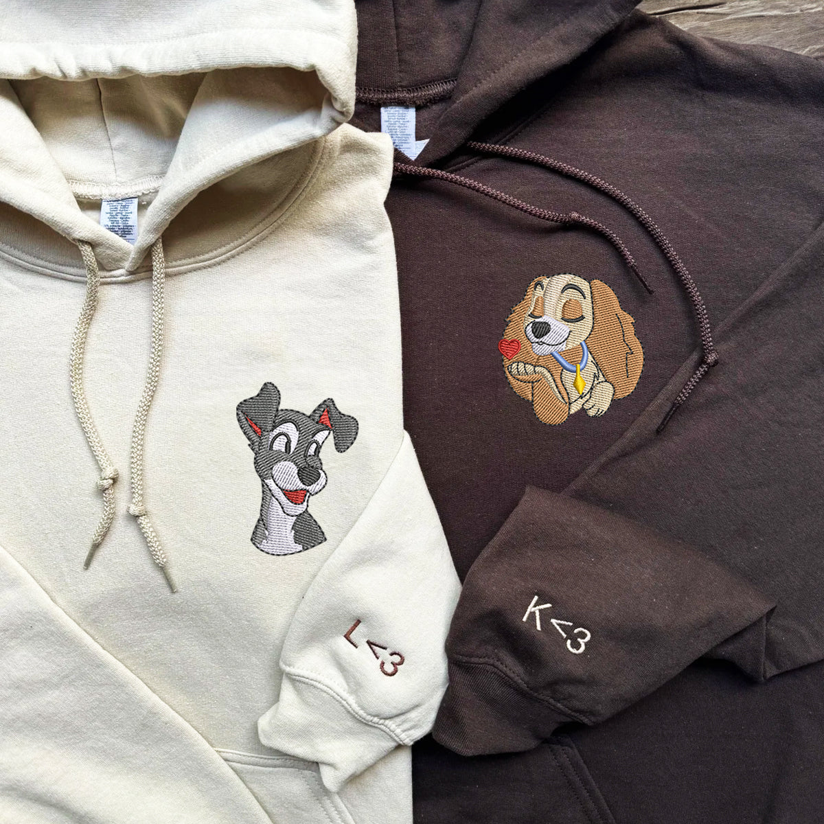 Custom Couple Embroidered Hoodie, Cute Cartoon Puppy Pair Hoodie, Unique Romantic Gift