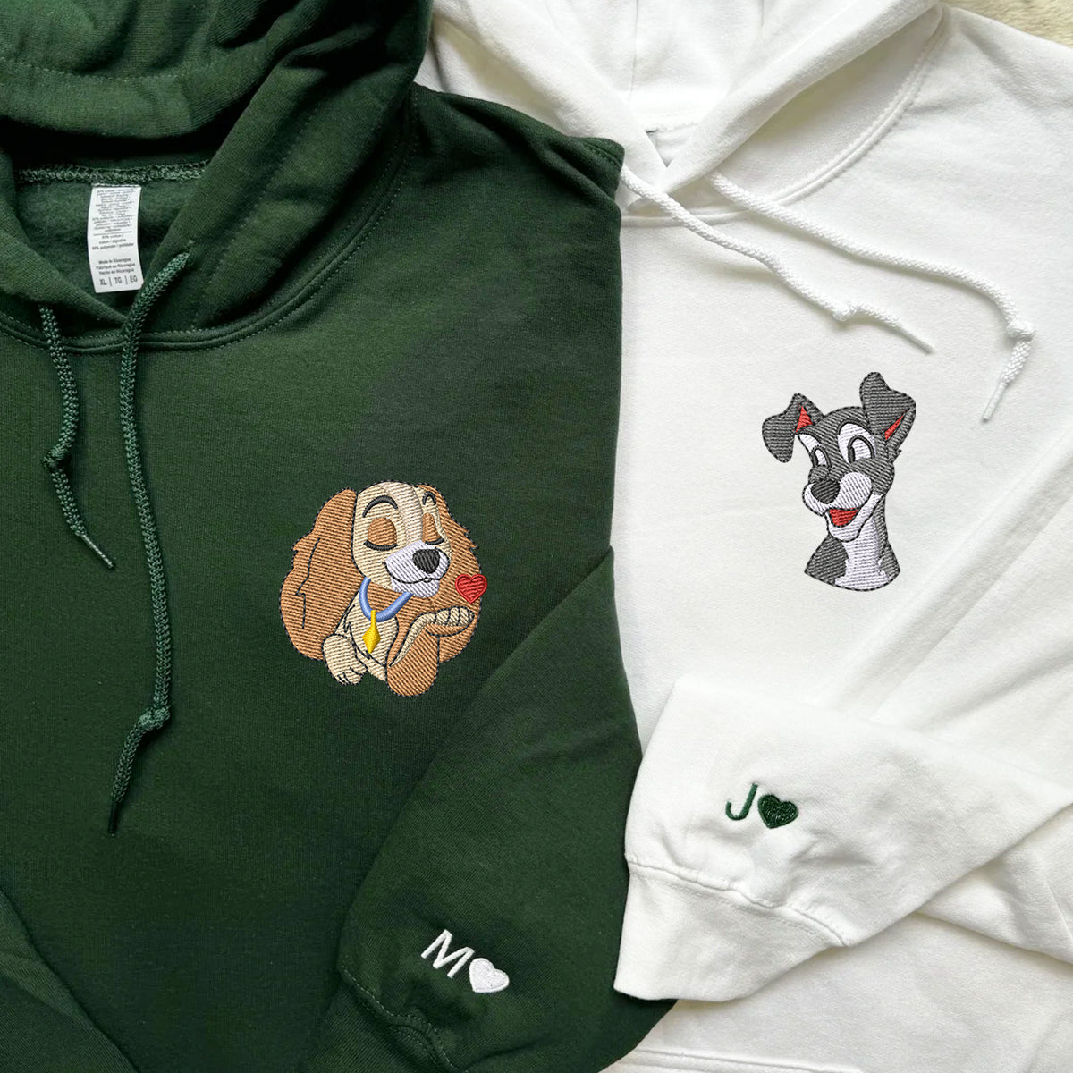 Custom Couple Embroidered Hoodie, Cute Cartoon Puppy Pair Hoodie, Unique Romantic Gift