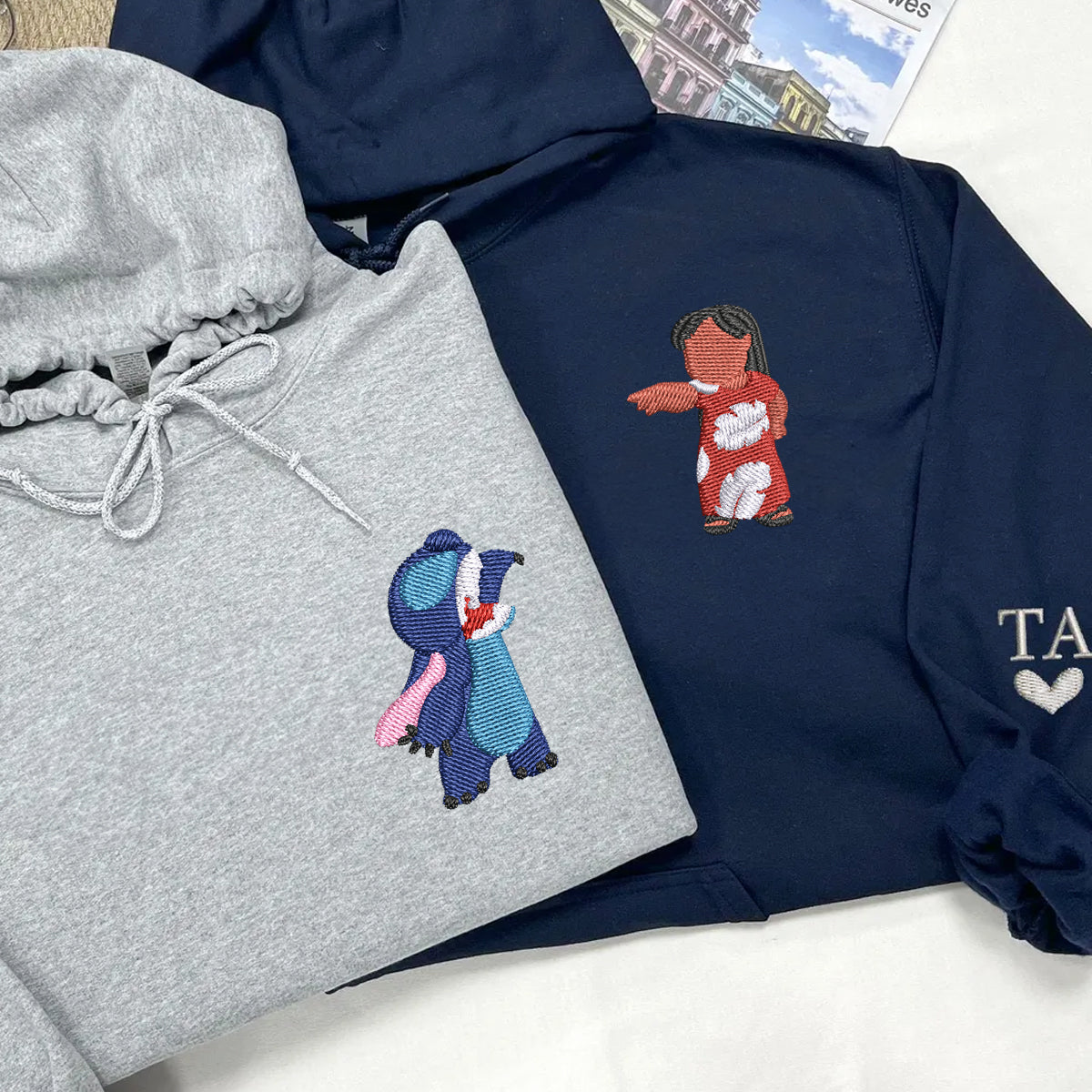 Custom Couple Embroidered Hoodie with Roman Numeral Date, Cute Alien Duo, Anniversary Matching Outfit