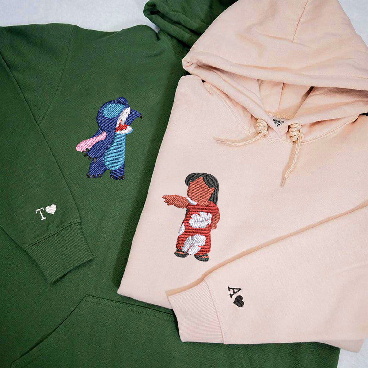 Custom Couple Embroidered Hoodie with Roman Numeral Date, Cute Alien Duo, Anniversary Matching Outfit